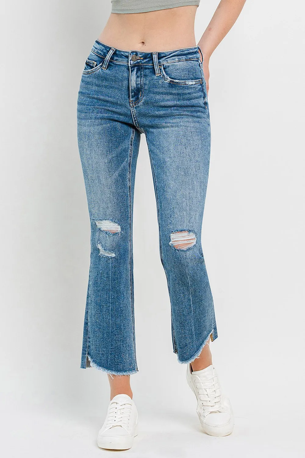 Full Size Mid Rise Distressed Cropped Flare Jeans, image 3