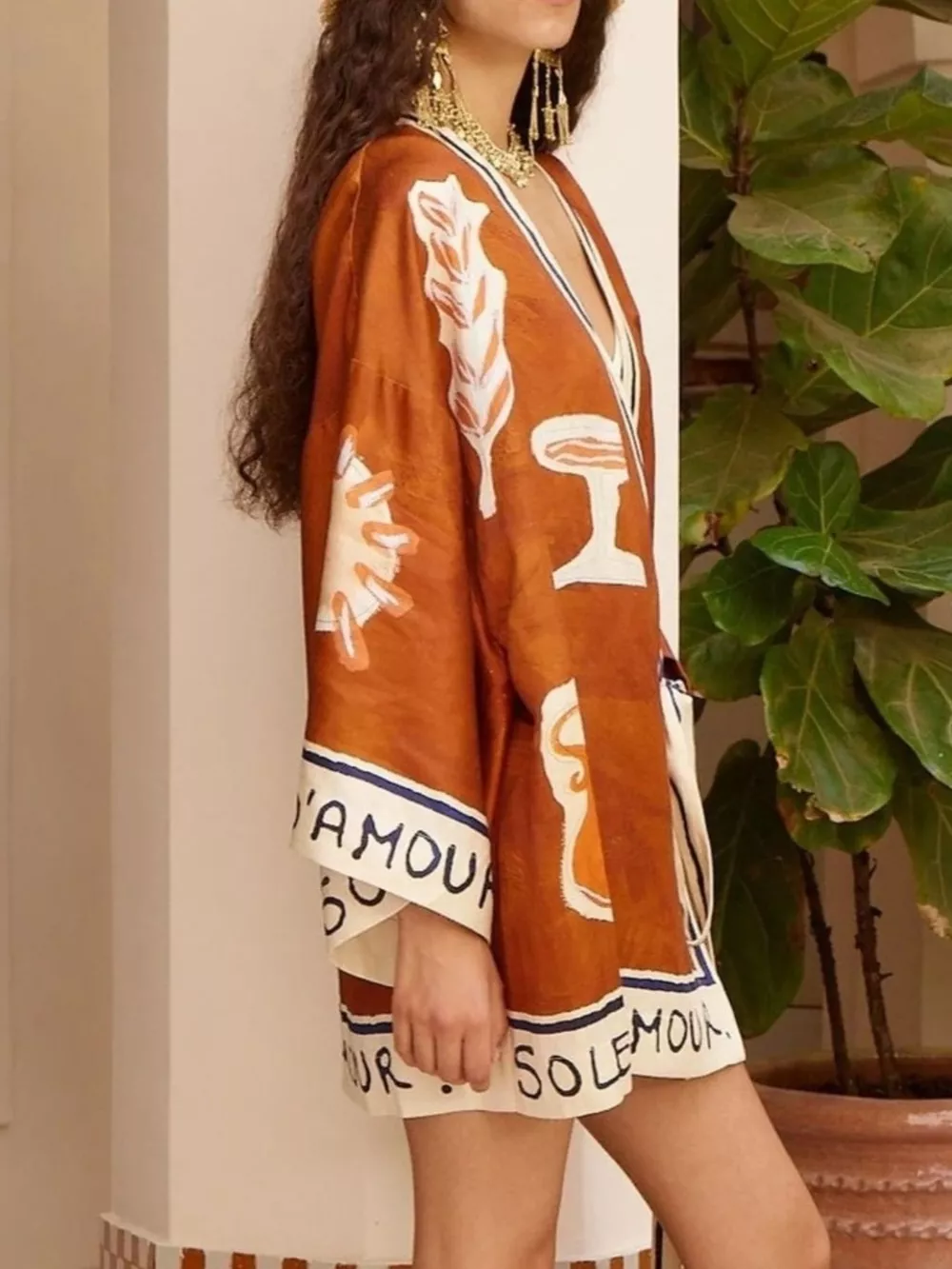 Printed Wrap Mini Dress with Contrast Trim, image 2