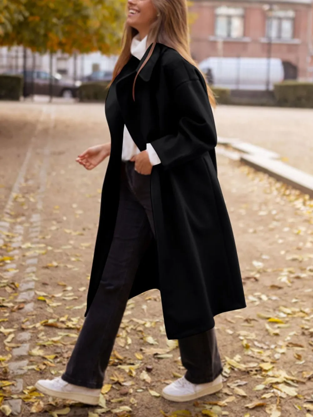 Pocketed Collared Neck Long Sleeve Coat, image 3
