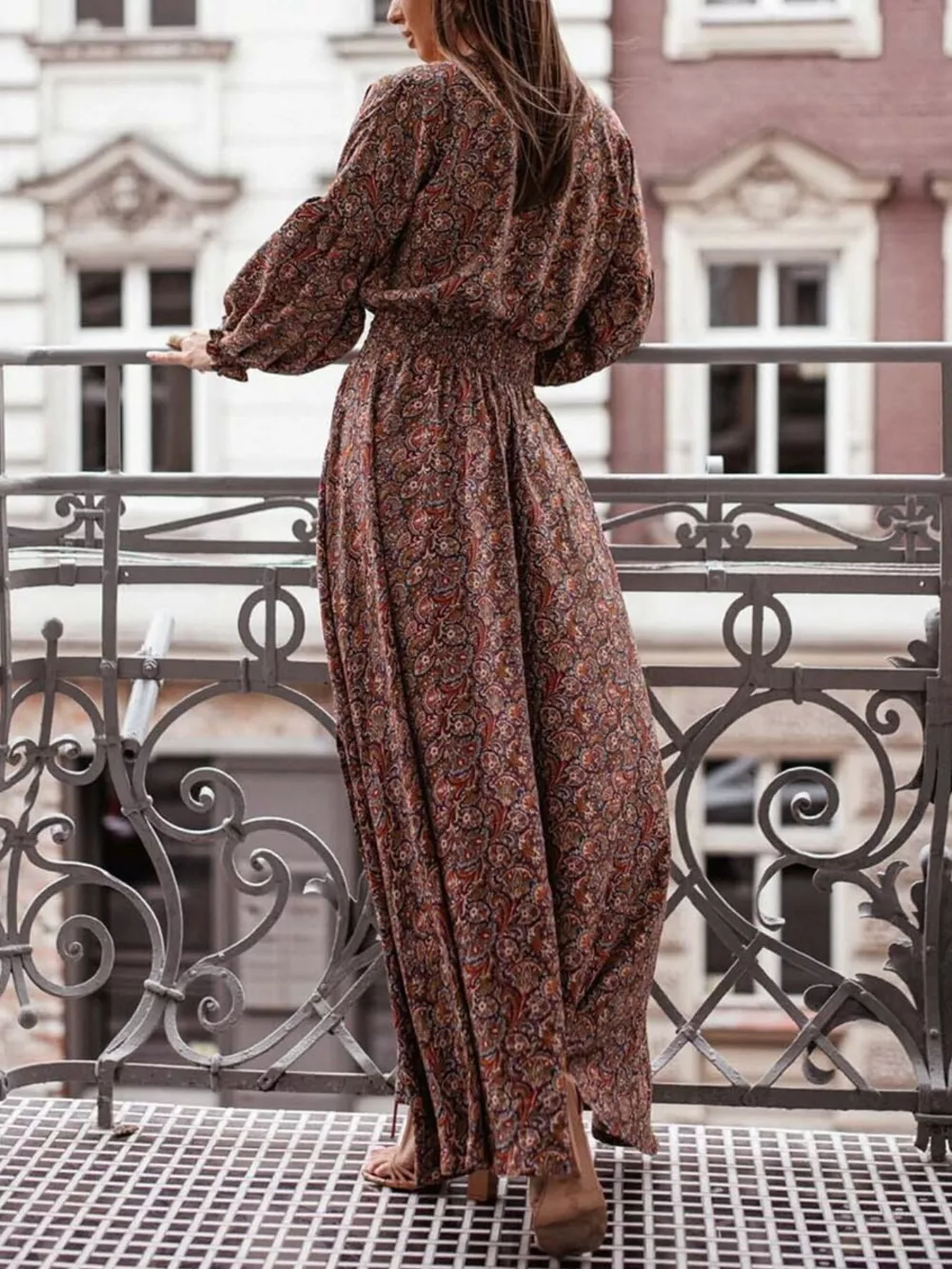 Bohemian Printed Maxi Dress with Plunging Neckline, image 7