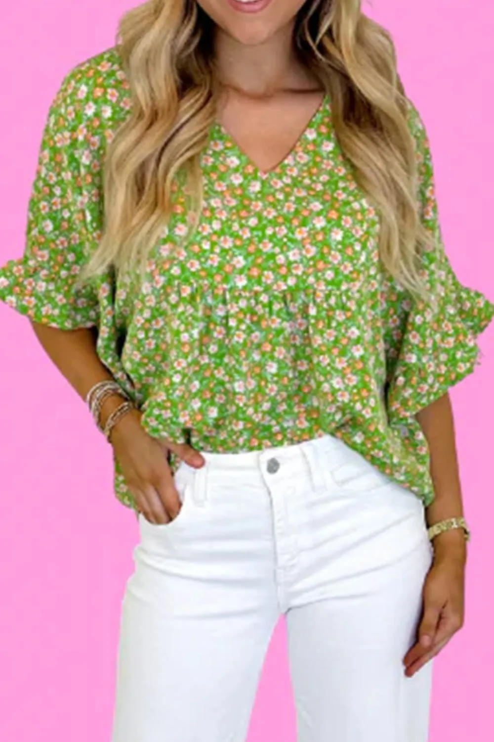 Ruffled Floral V-Neck Half Sleeve Blouse, image 2