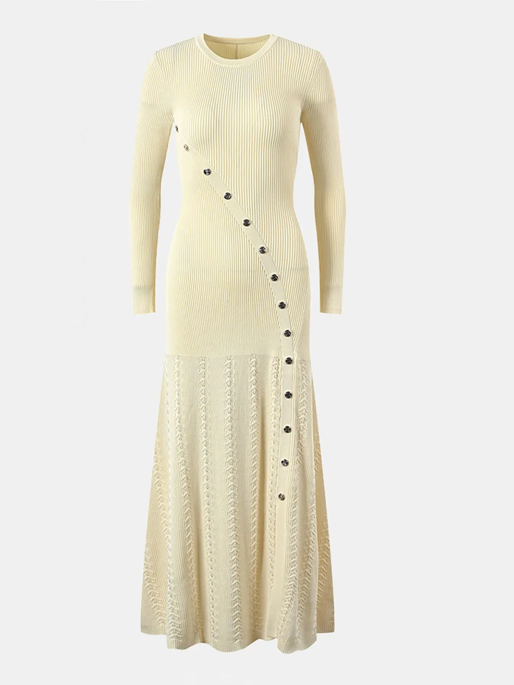 Openwork Round Neck Long Sleeve Sweater Dress, image 7