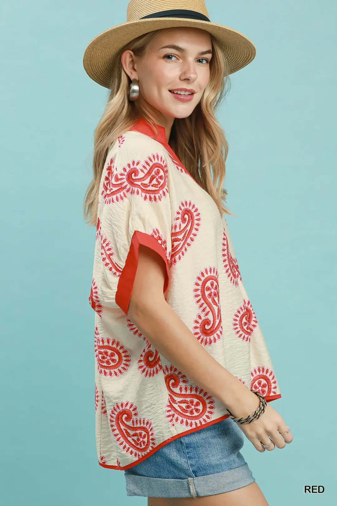 Paisley Print Contrast Trim Top, image 2