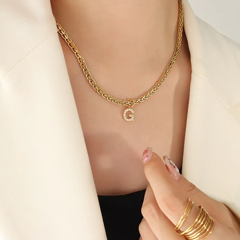Brass Inlaid Zircon Letter Pendant Necklace, image 8