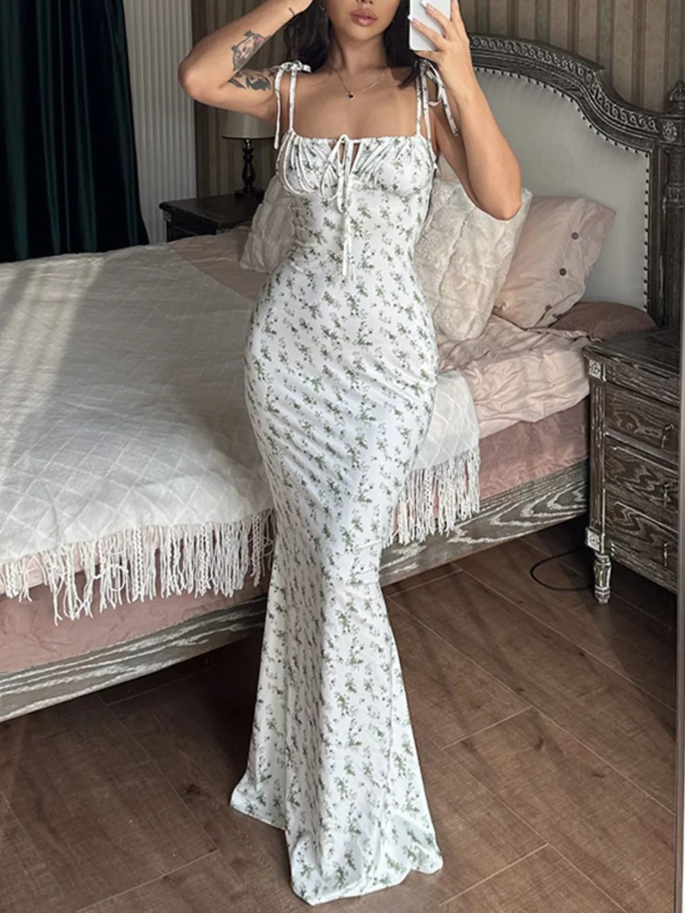 Floral Print Tie Strap Bodycon Maxi Dress, image 2