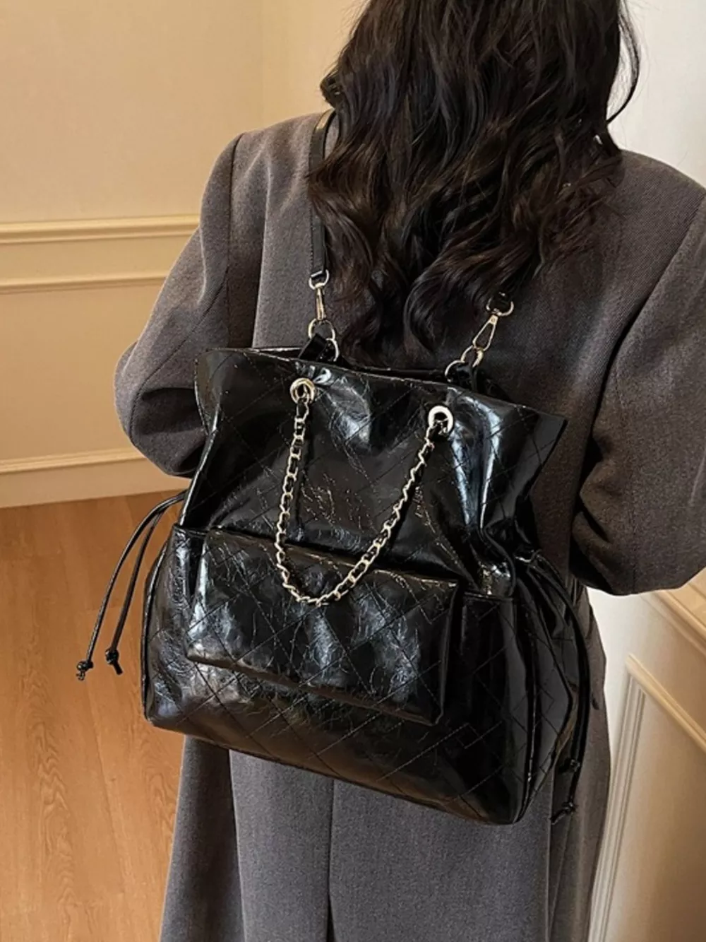 Quilted Chain Decor Backpack Bag, image 4