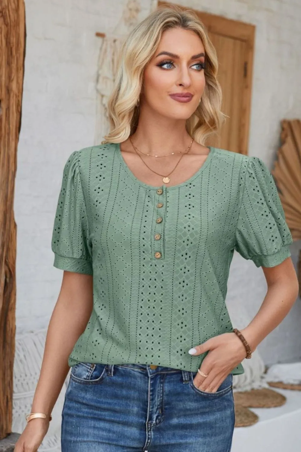 Eyelet Round Neck Short Sleeve Blouse, image 22