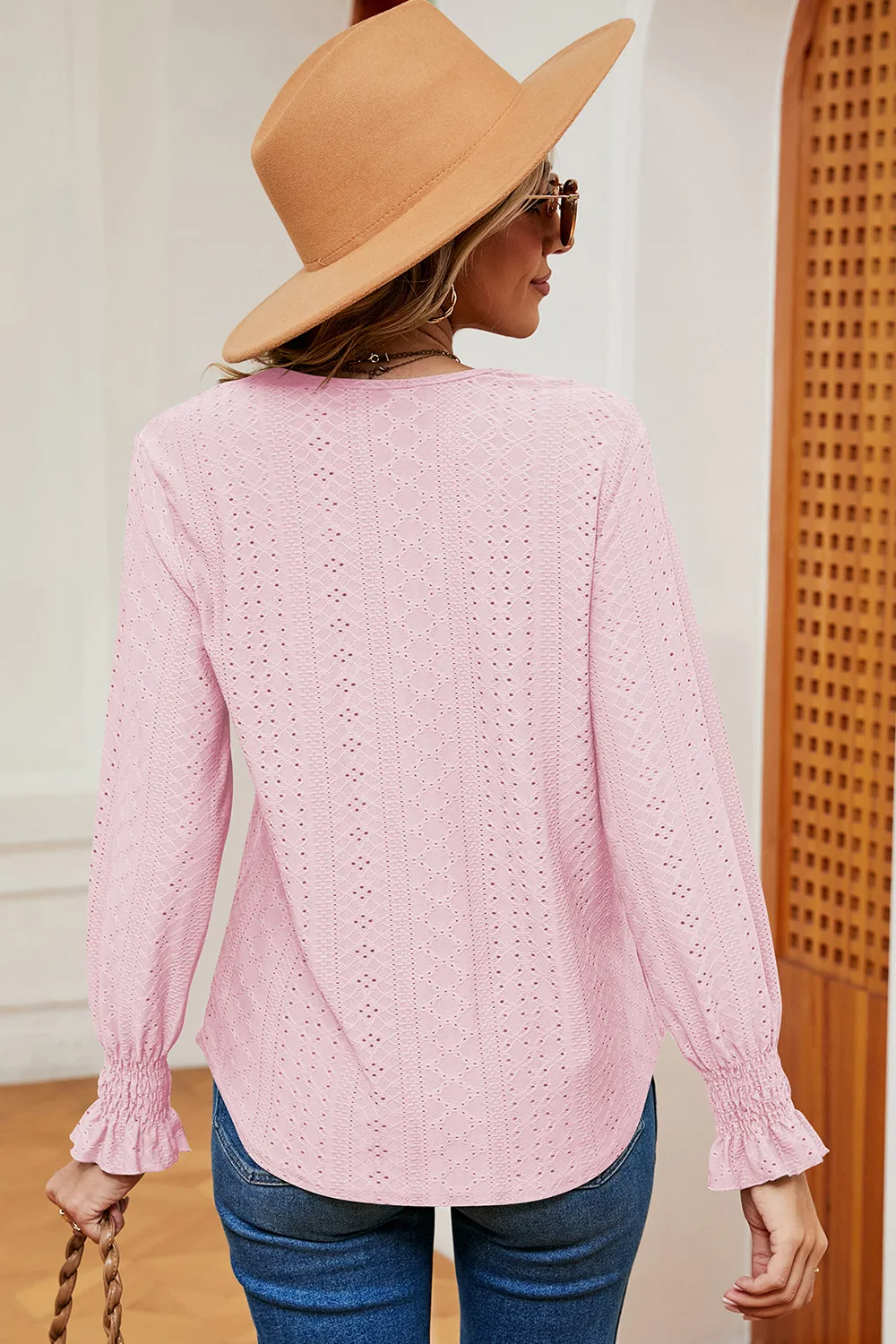 Eyelet V-Neck Flounce Sleeve T-Shirt, image 7
