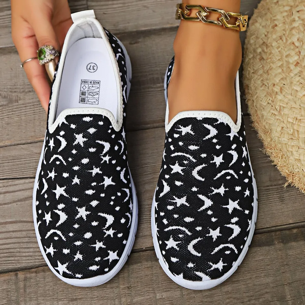 Star & Moon Pattern Flat Loafers, image 4