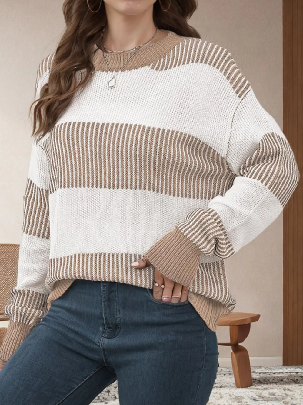 Striped Round Neck Long Sleeve Sweater, image 11