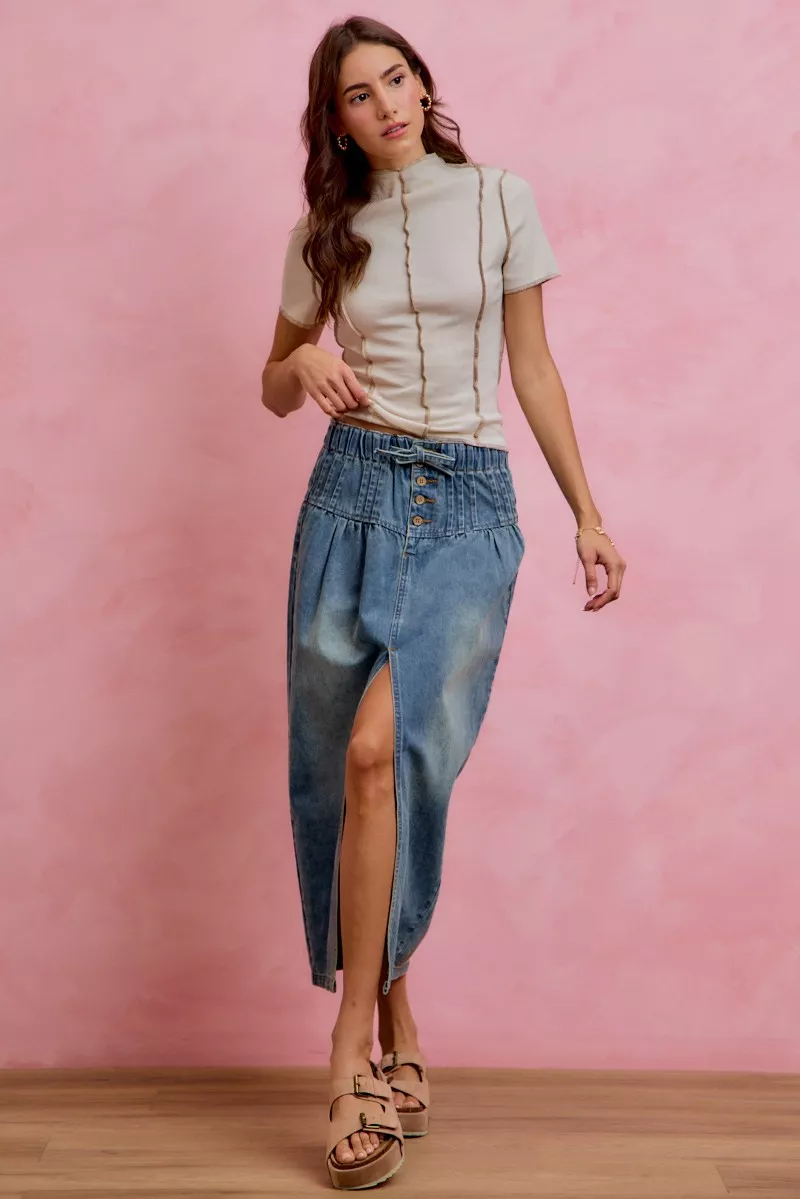 Pleated Washed Denim Skirt With Front Slit, image 5