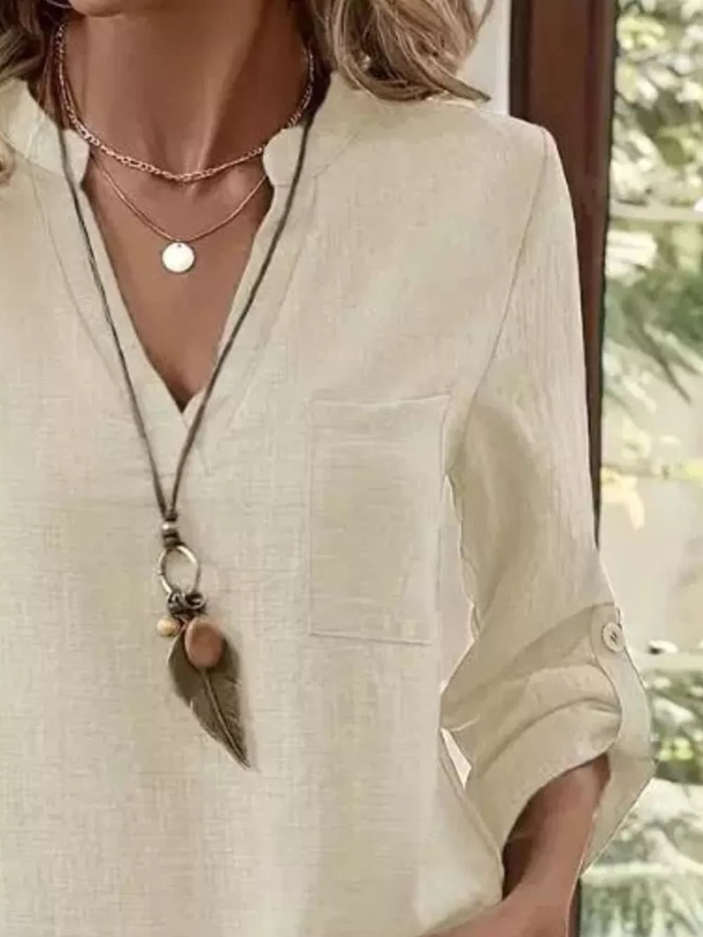 Roll-Up Sleeve Notched Blouse, image 10