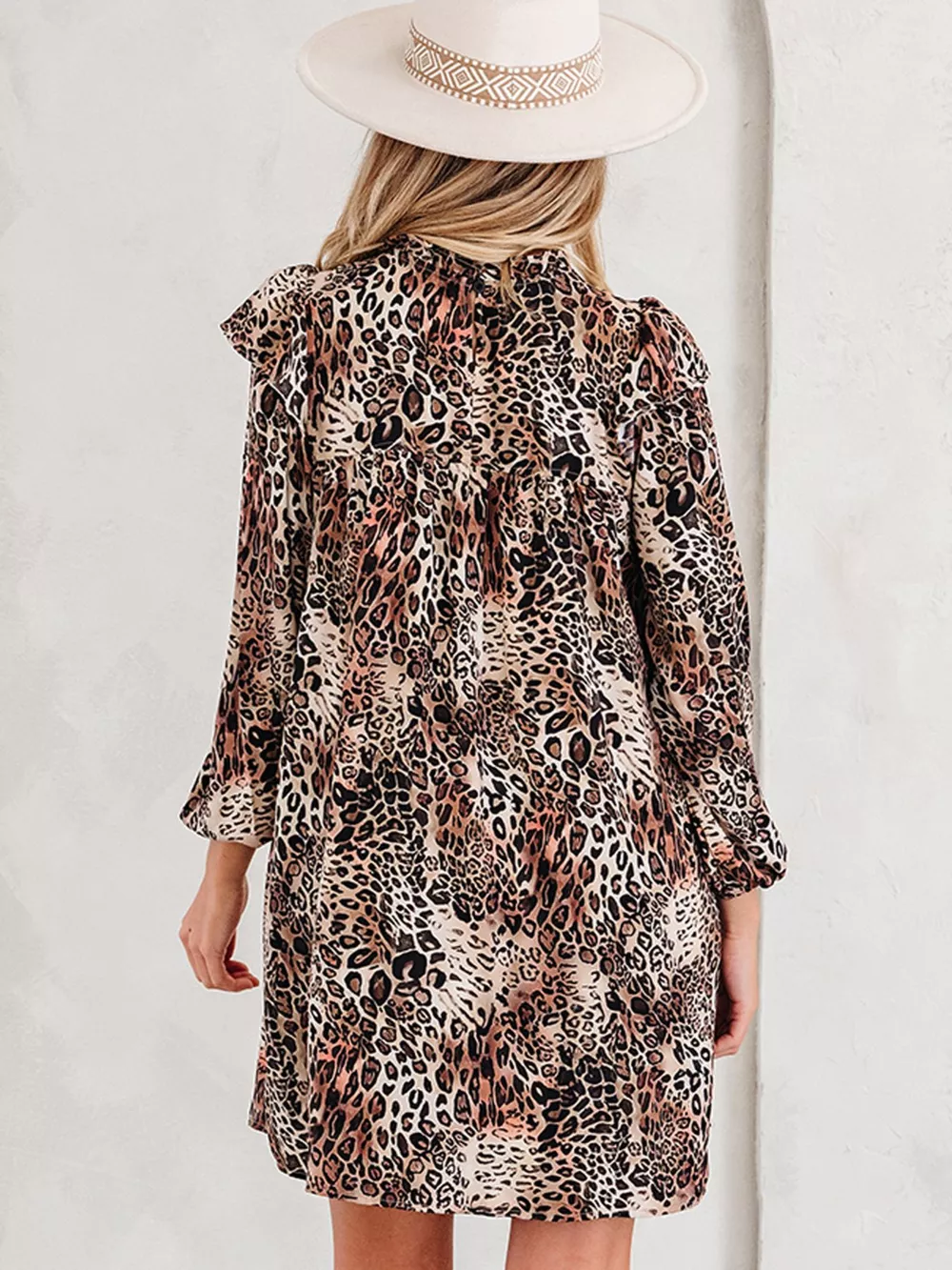Leopard Ruffled Detail Long Sleeve Loose Mini Dress, image 4