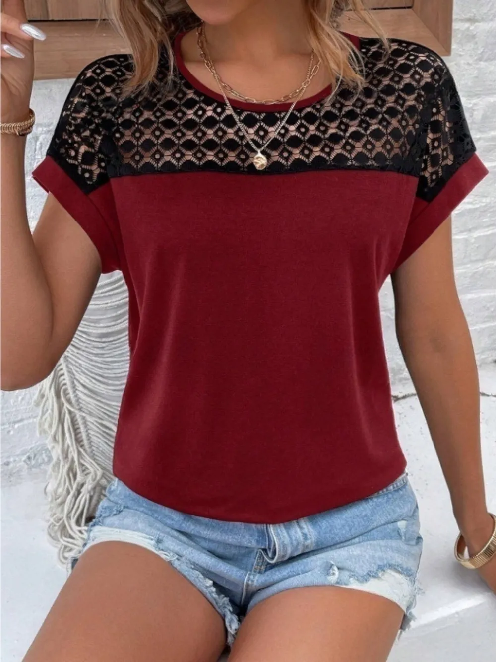 Contrast Lace Round Neck Short Sleeve Blouse, image 5