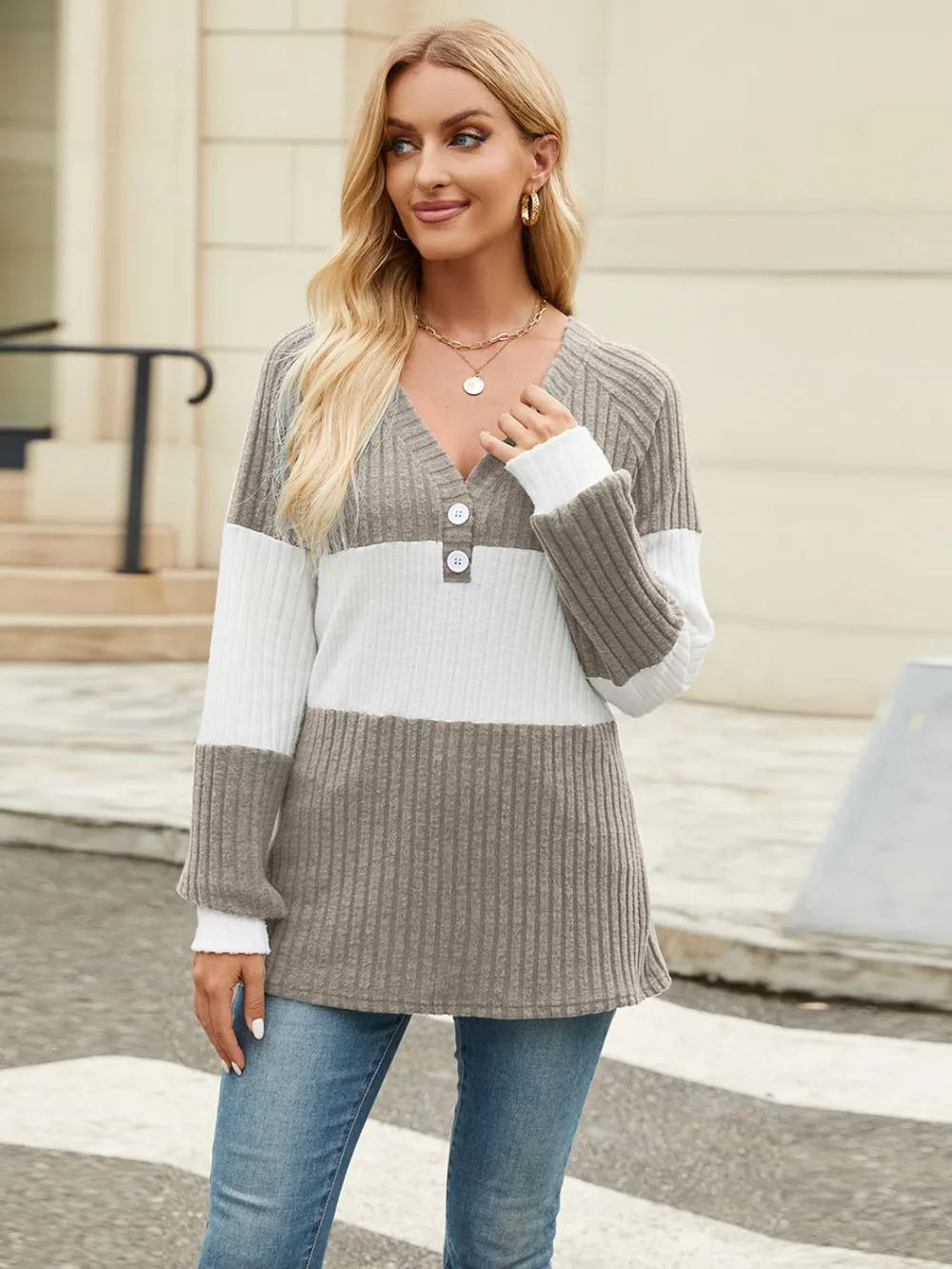Color Block V-Neck Long Sleeve T-Shirt, image 16