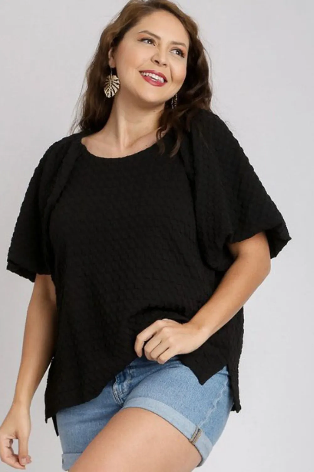 Full Size Boxy Cut Jacquard Round Neck Top with Side Slit Plus Size, image 3