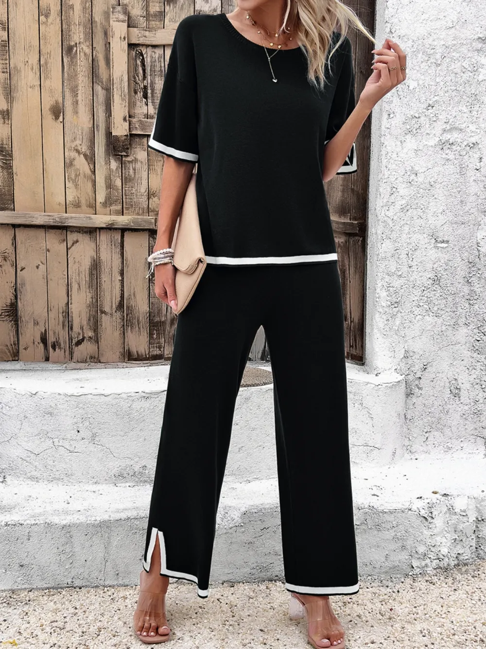 Contrast Trim Round Neck Top and Pants Set, image 21