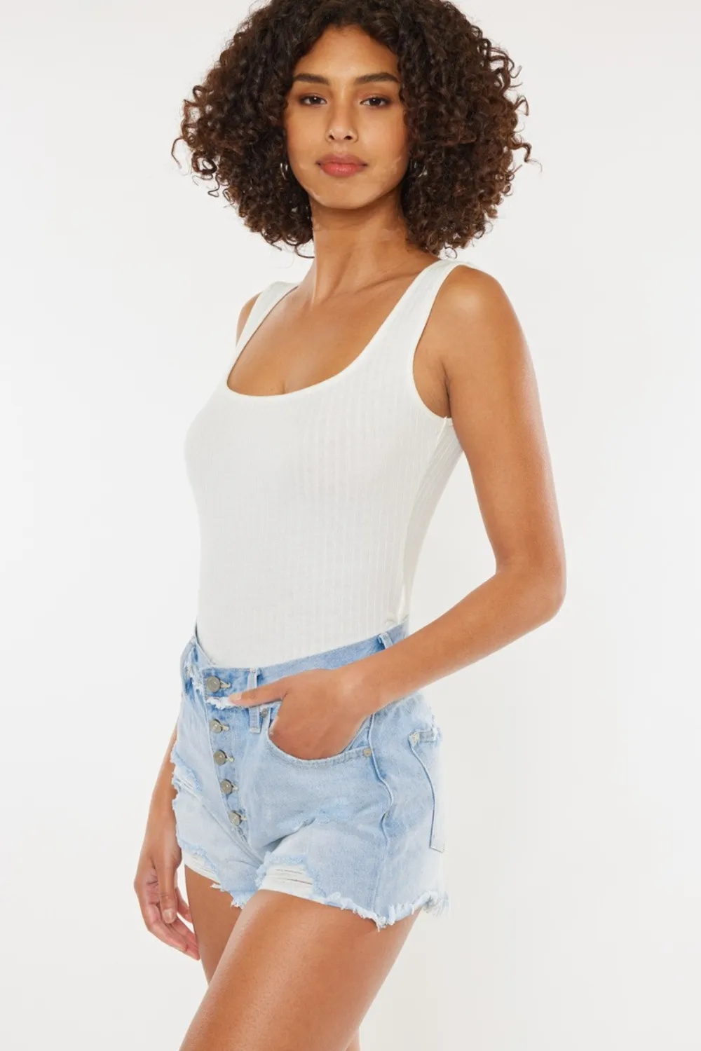 Distressed Button Fly Denim Shorts, image 7