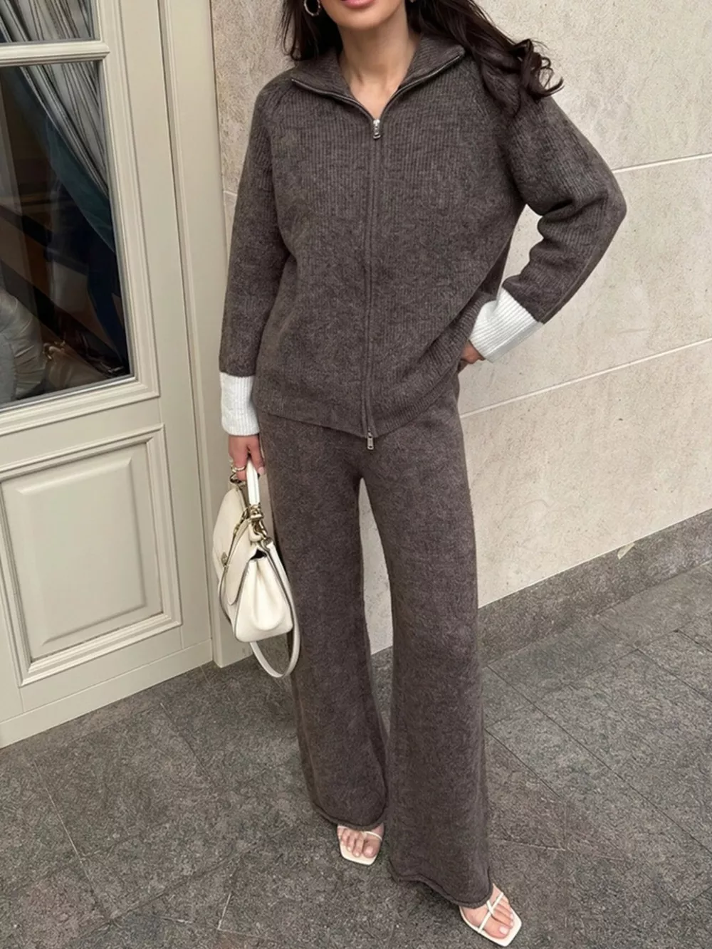 Zip-Up Contrast Cuff Cardigan and Pants Sweater Set, image 19