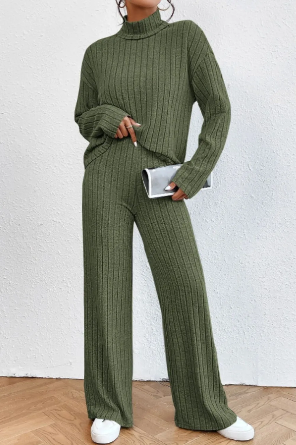Mock Neck Dropped Shoulder Top and Pants Set, image 14