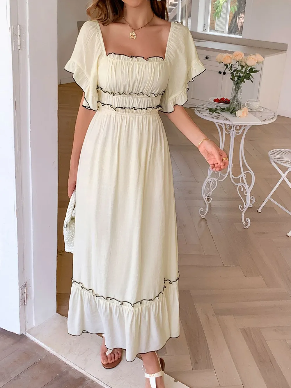 Square Neck Puff Sleeve Ruffle Trim Maxi Dress, image 3