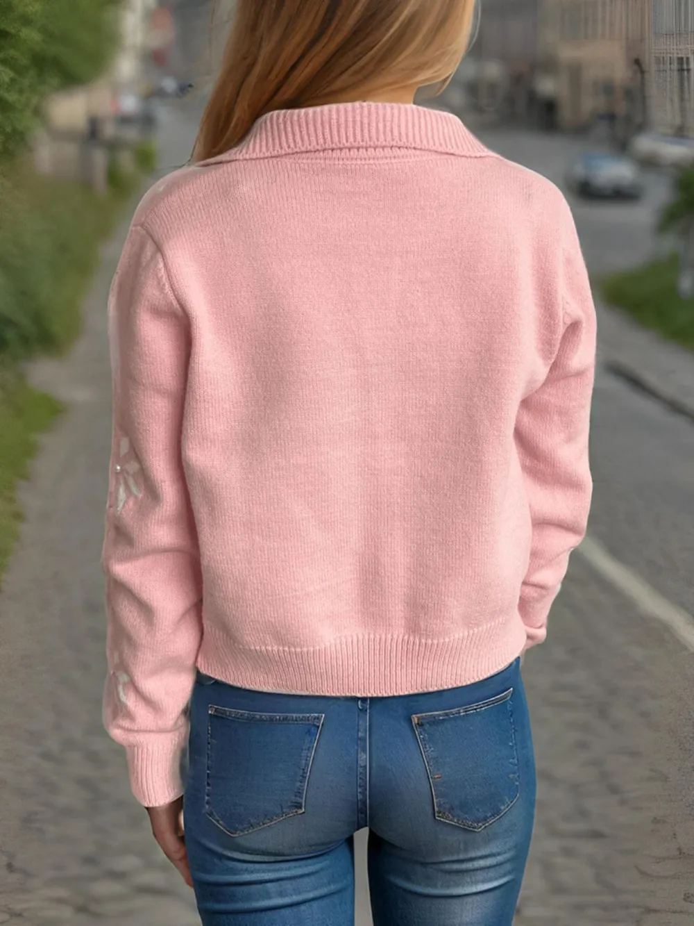 Pearl Trim Collared Neck Long Sleeve Cardigan, image 3