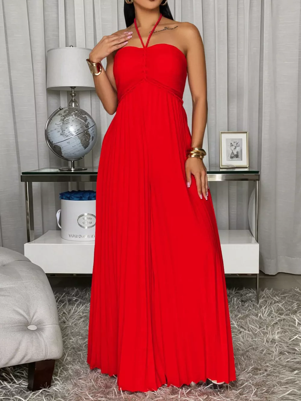Pleated Halter Neck Wide Leg Jumpsuit, image 5
