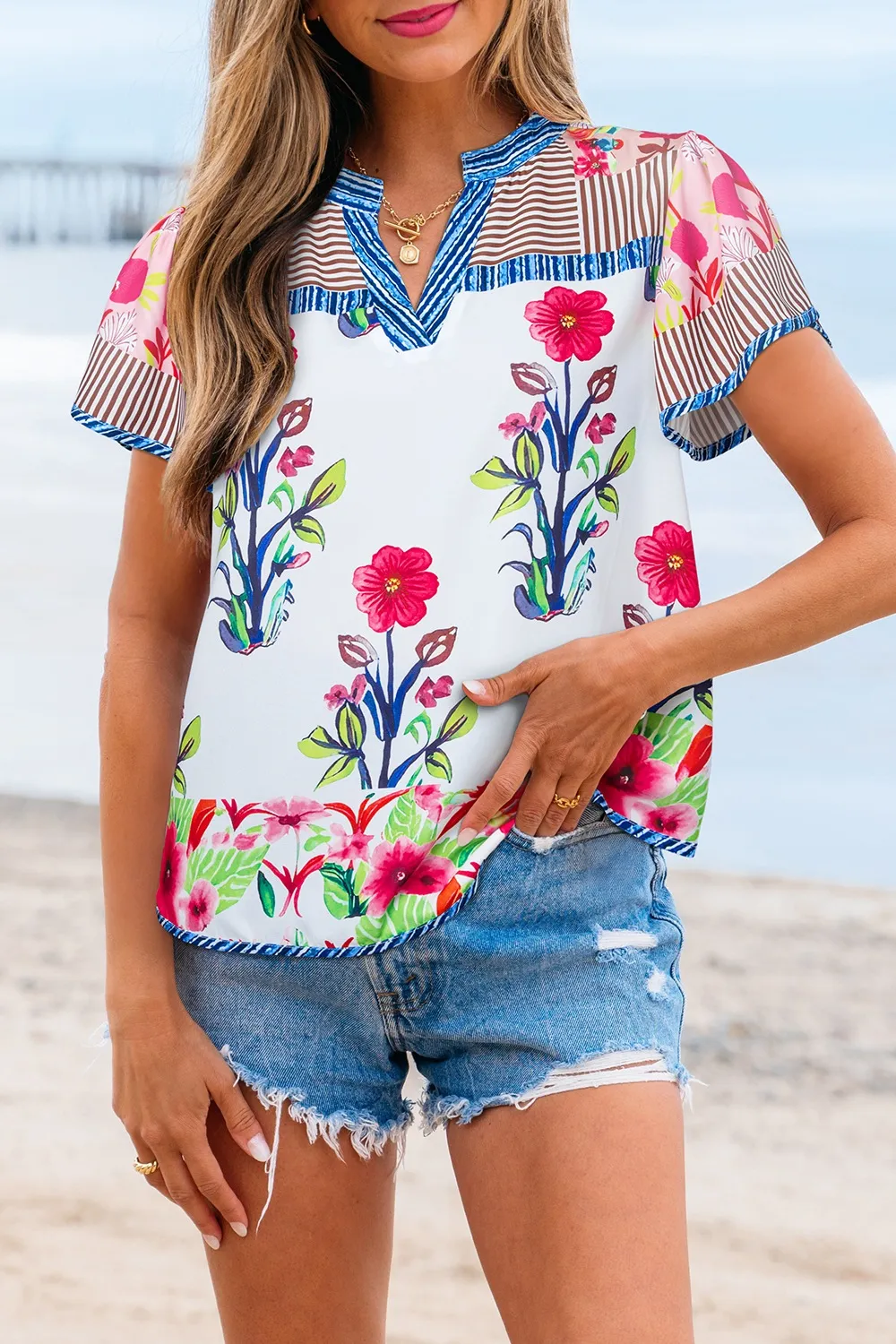 Floral Striped Patchwork Short Sleeve Split Neck Blouse