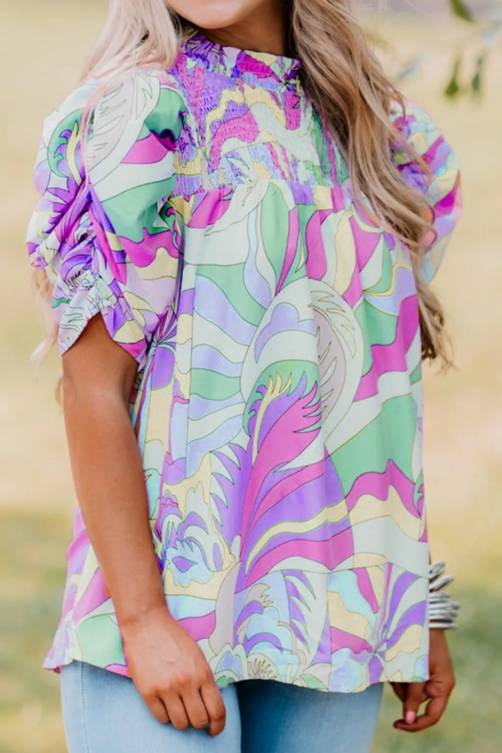 Smocked Round Neck Short Sleeve Blouse, image 3