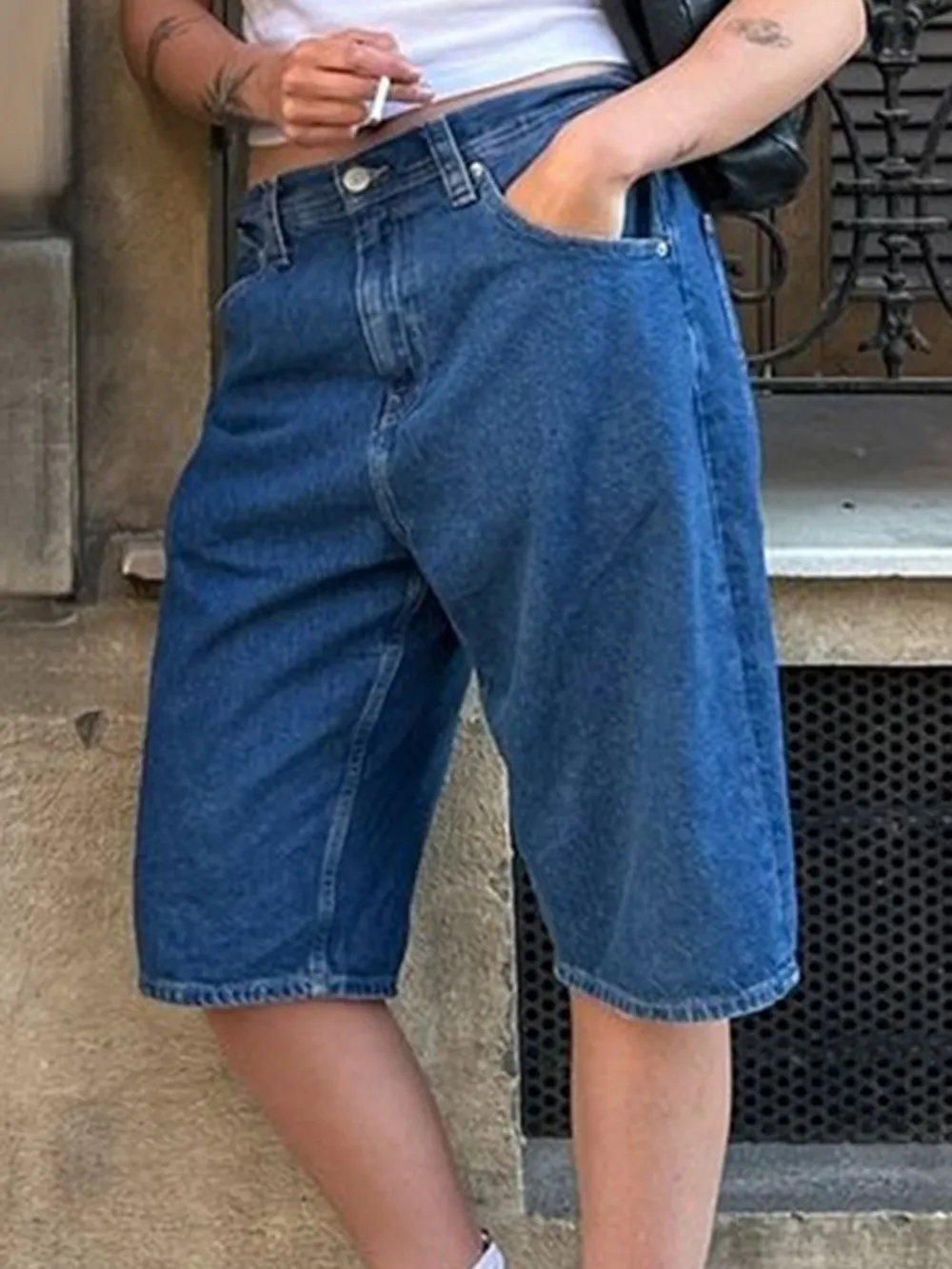 High Waist Denim Shorts with Pockets, image 4