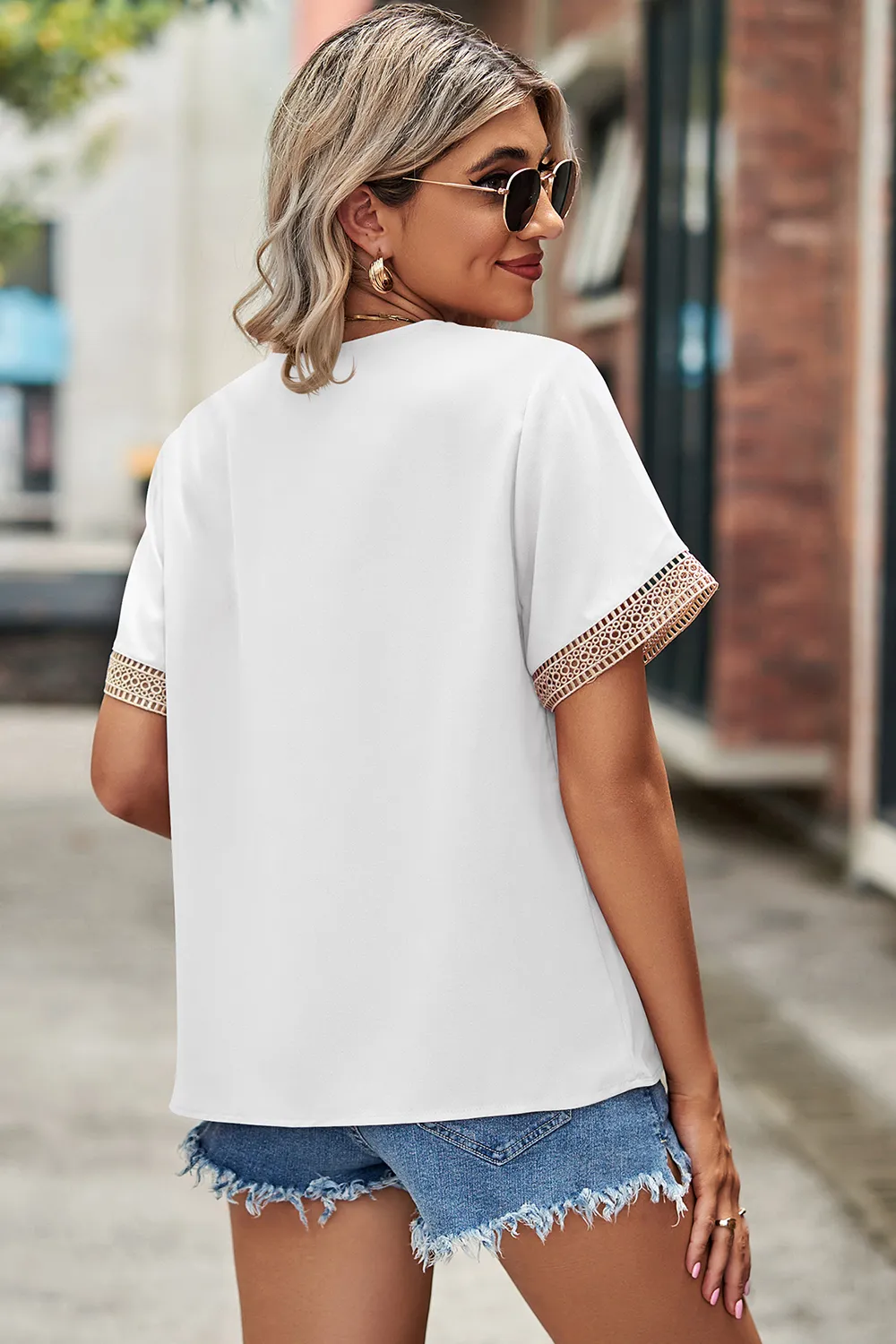 Openwork V-Neck Short Sleeve T-Shirt, image 7