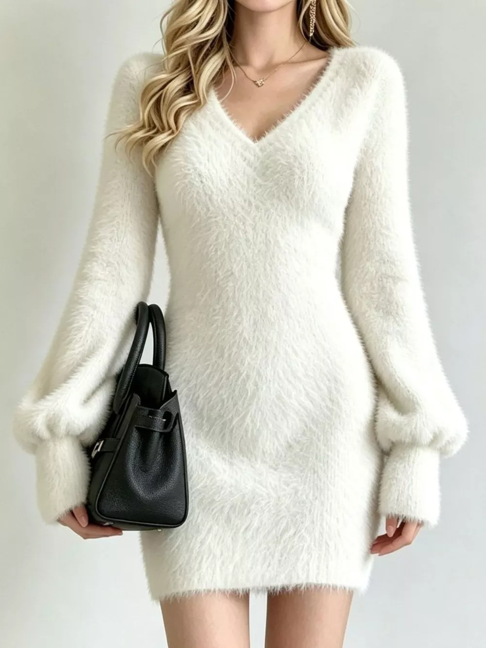 V-Neck Fuzzy Knit Sweater Dress, image 11