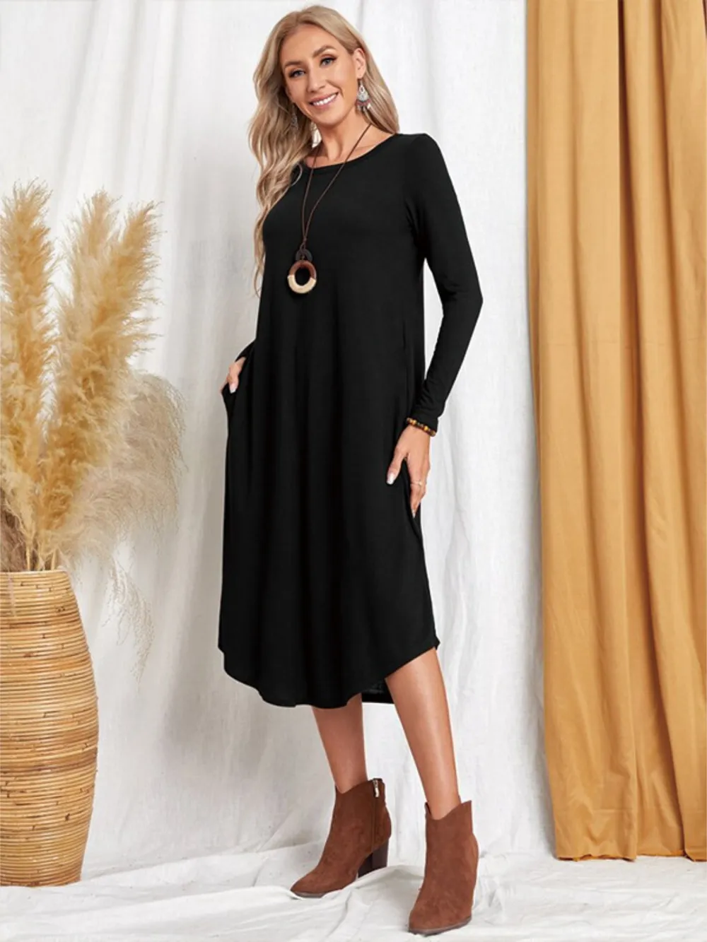 Pocketed Round Neck Long Sleeve Tee Dress, image 16