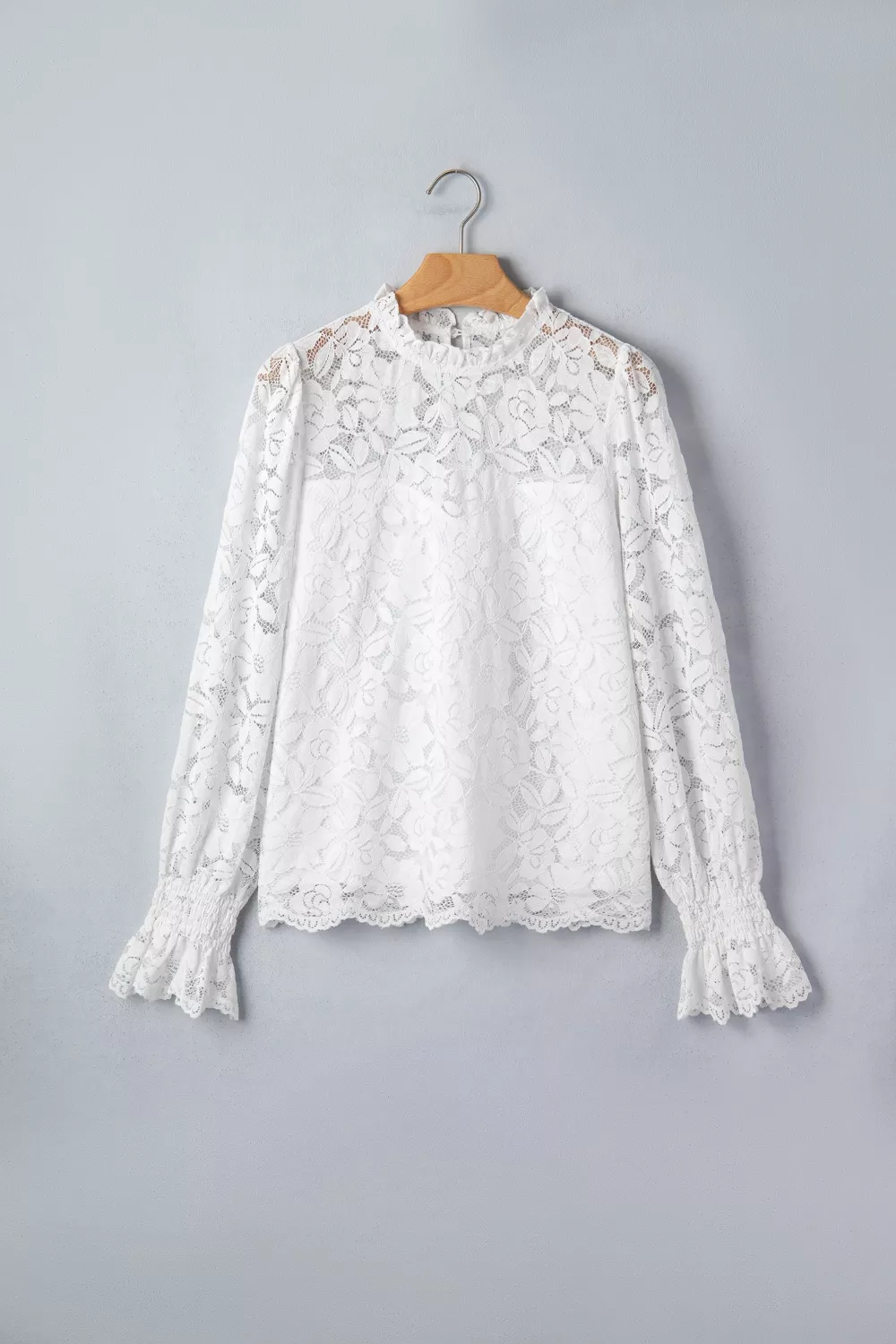 Ruffled Round Neck Long Flounce Sleeve Sheer Lace Blouse, image 5