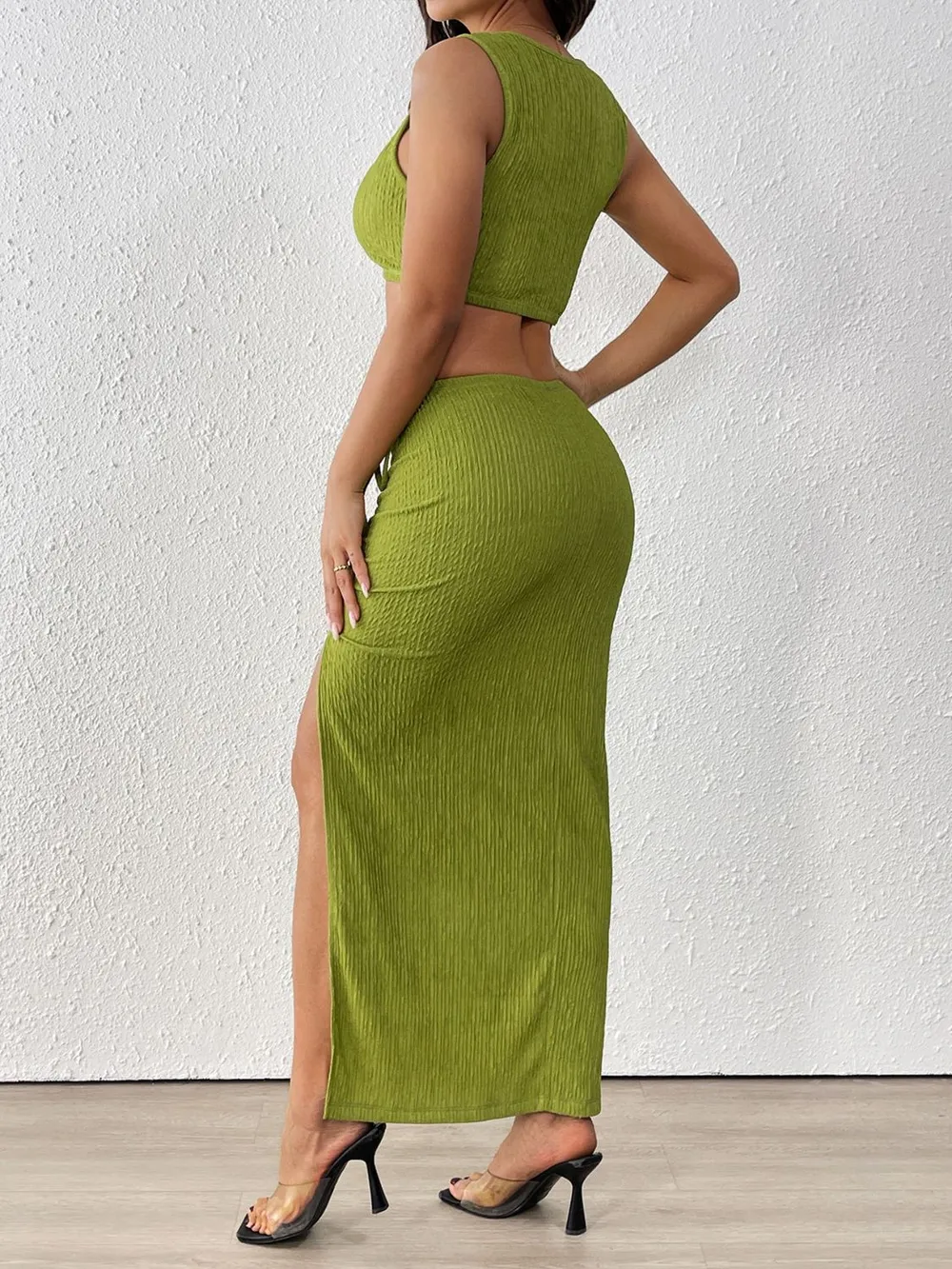 Texture Cropped Tank and Ruched Skirt Set, image 7