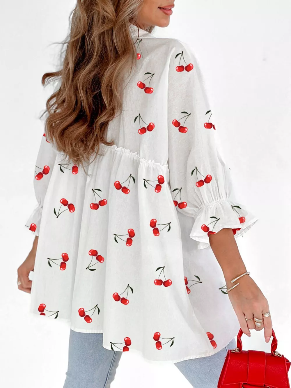 Cherry Print Flounce Sleeve Collared Frilled Babydoll Blouse, image 2