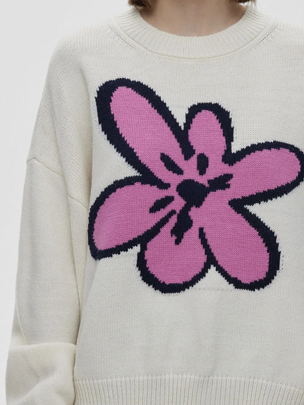 Flower Ribbed Hem Round Neck Sweater, image 5