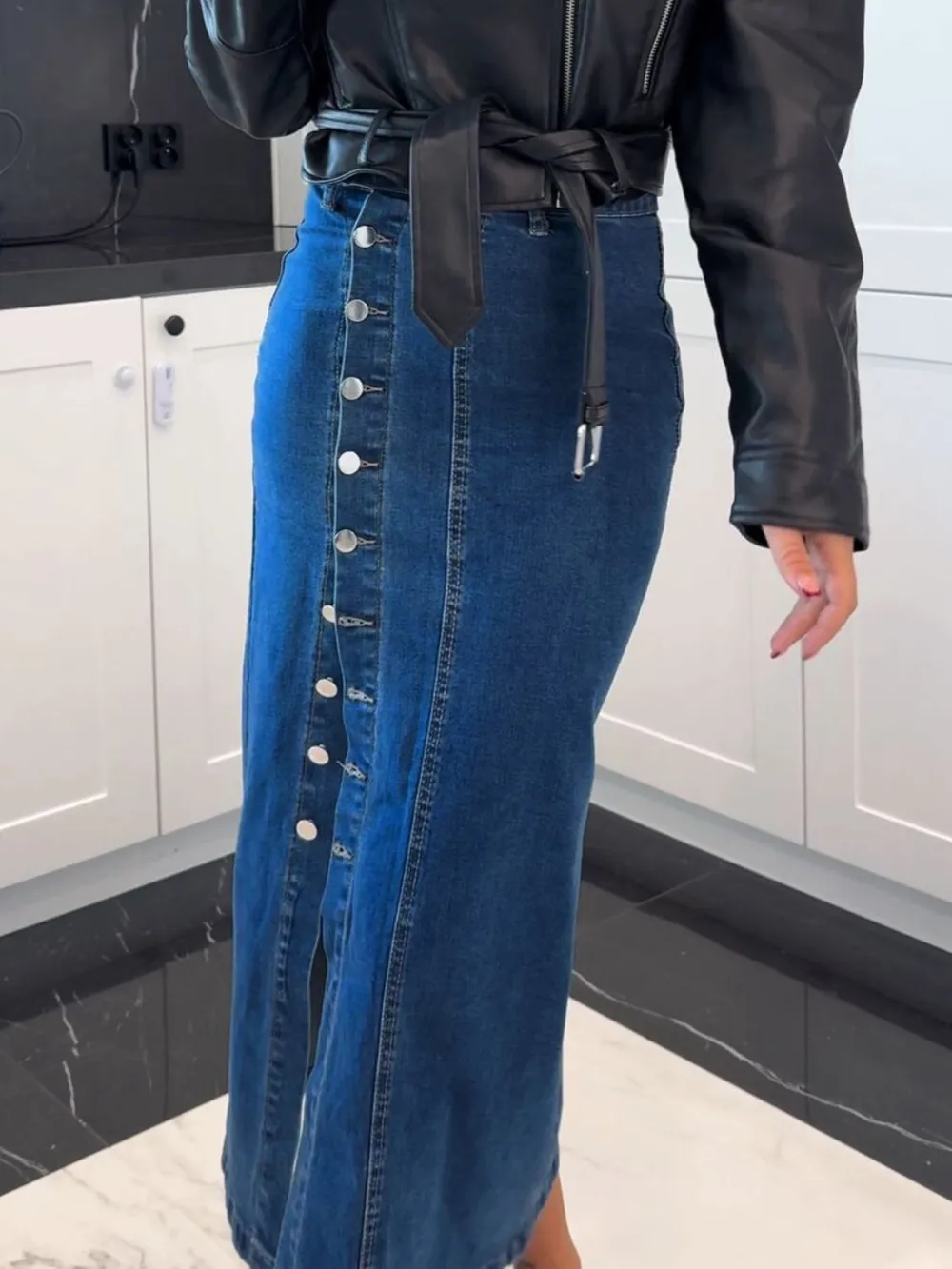 Front Button Slit Midi Denim Skirt, image 12