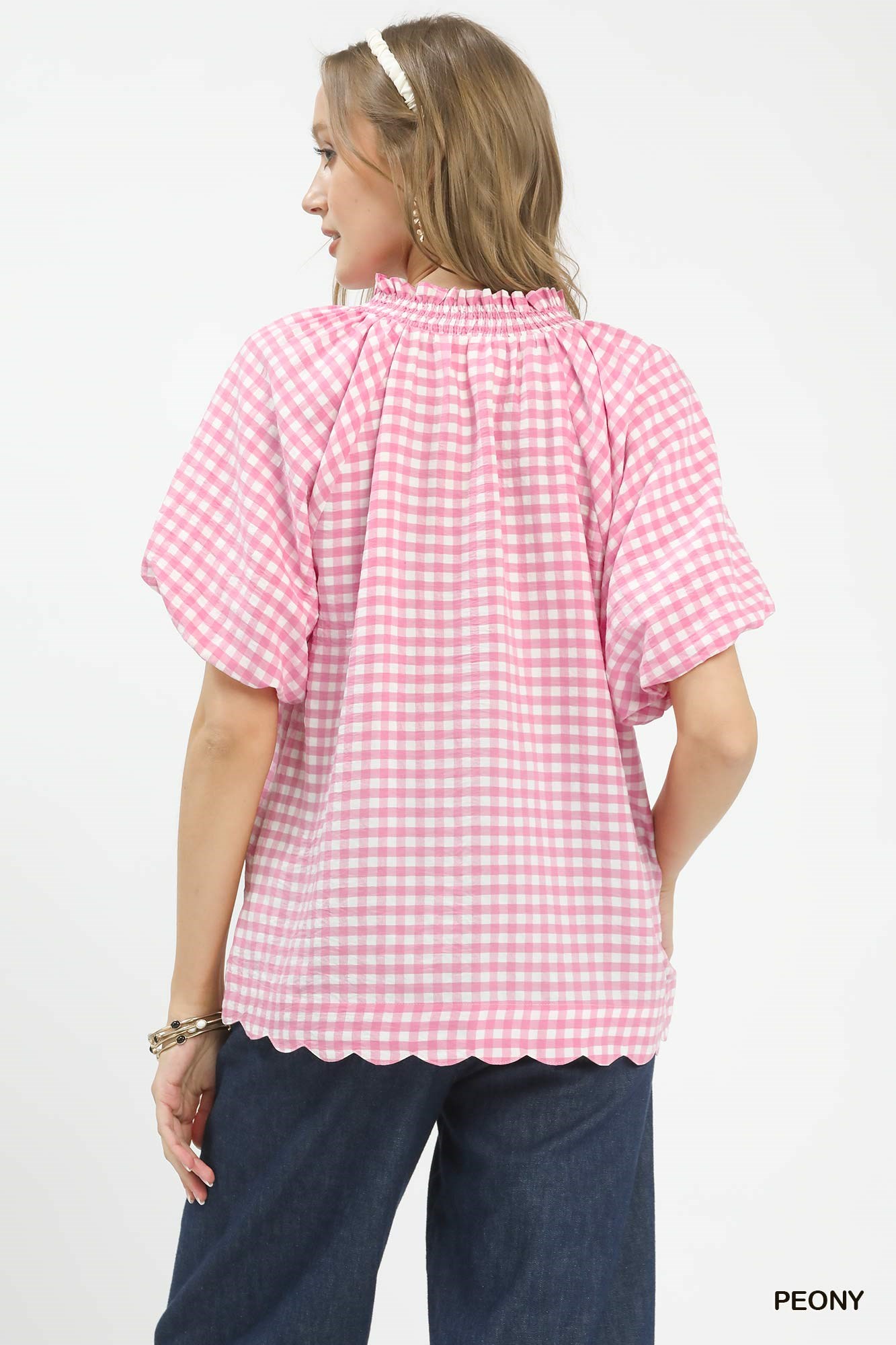 Gingham Bubble Sleeve Blouse with Scallop Hem, image 5
