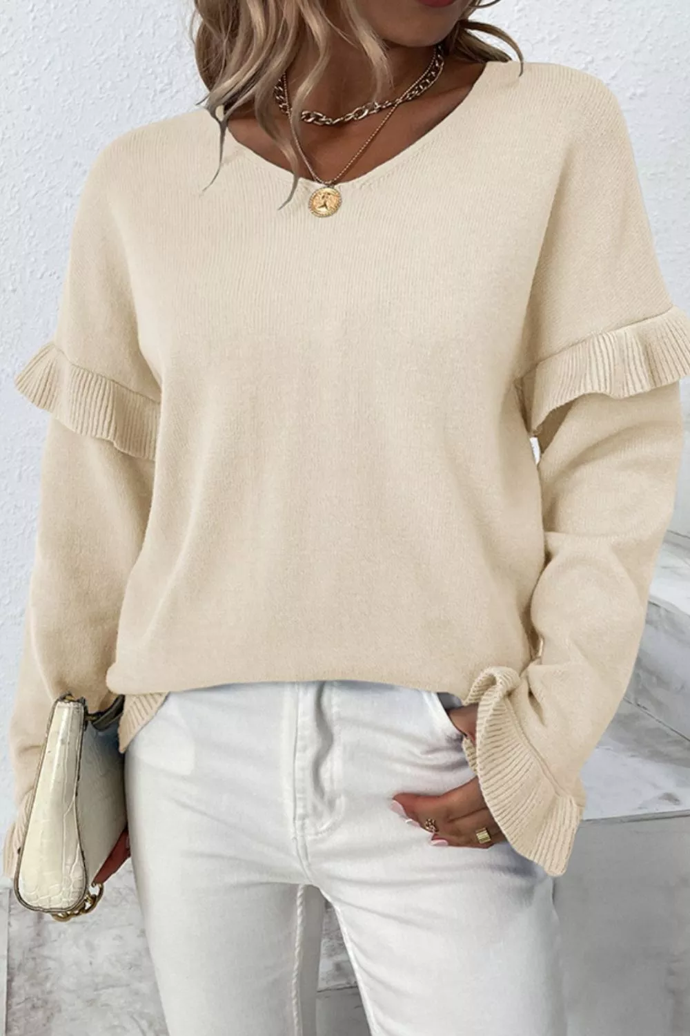 V-Neck Ruffle Trim Long Sleeve Sweater, image 5