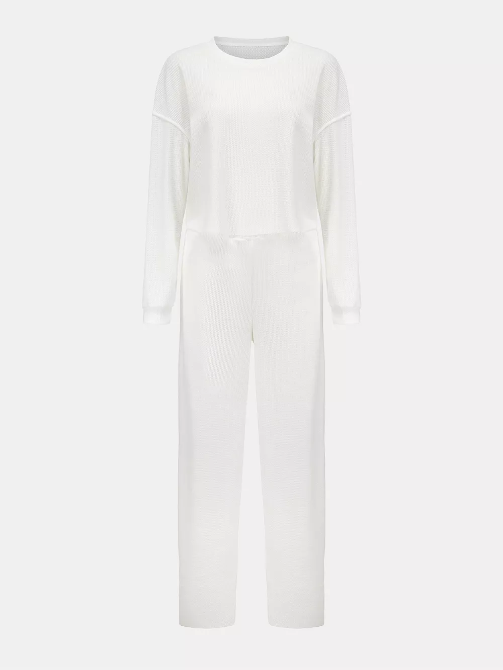 Waffle-Knit Round Neck Top and Pants Set, image 8