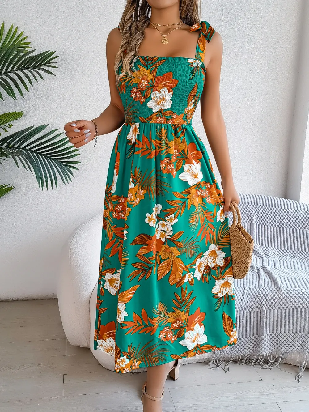 Smocked Floral Tie Shoulder Midi Dress, image 10