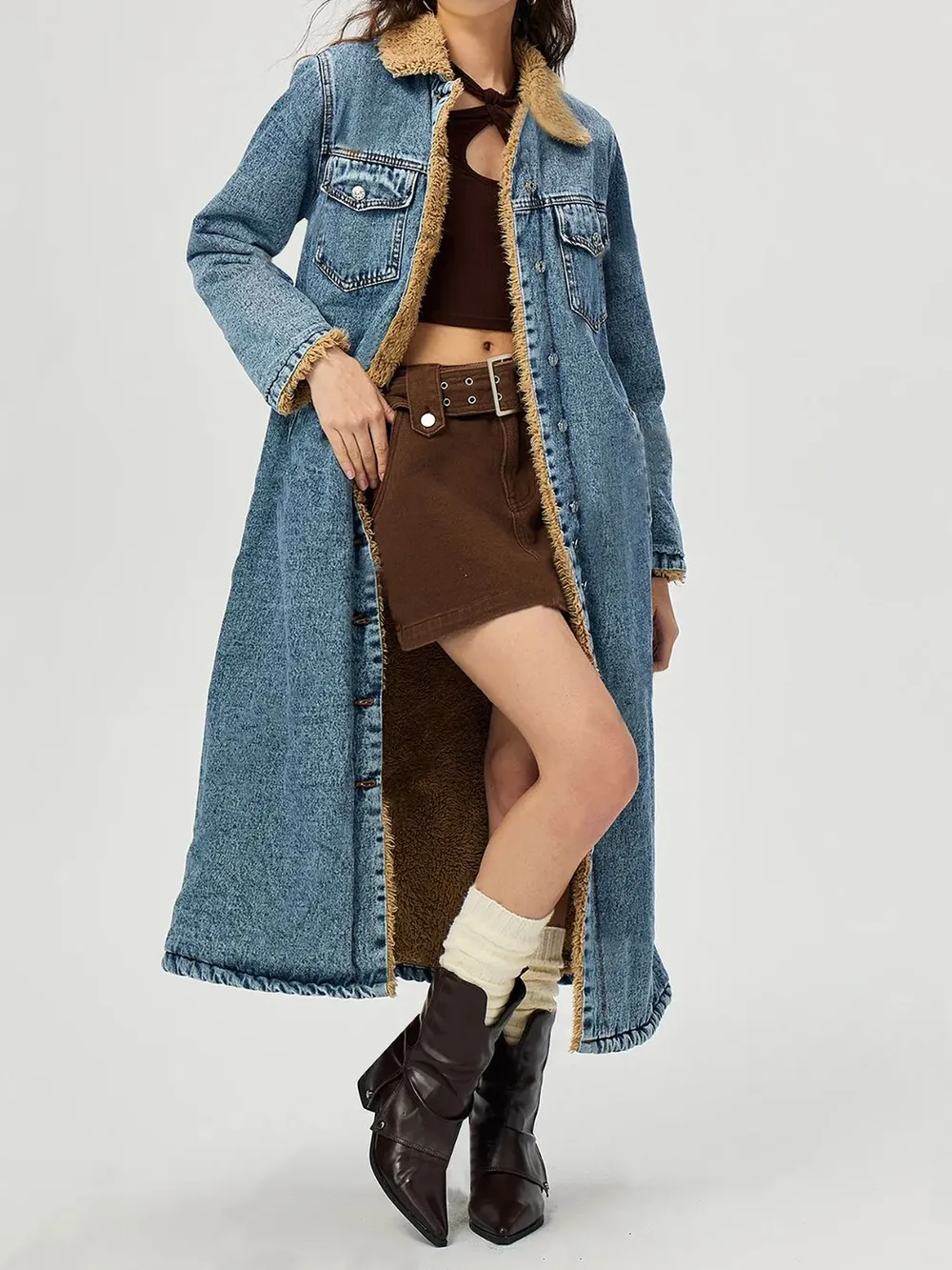 Pocketed Button Up Denim Jacket with Fur Lining, image 4