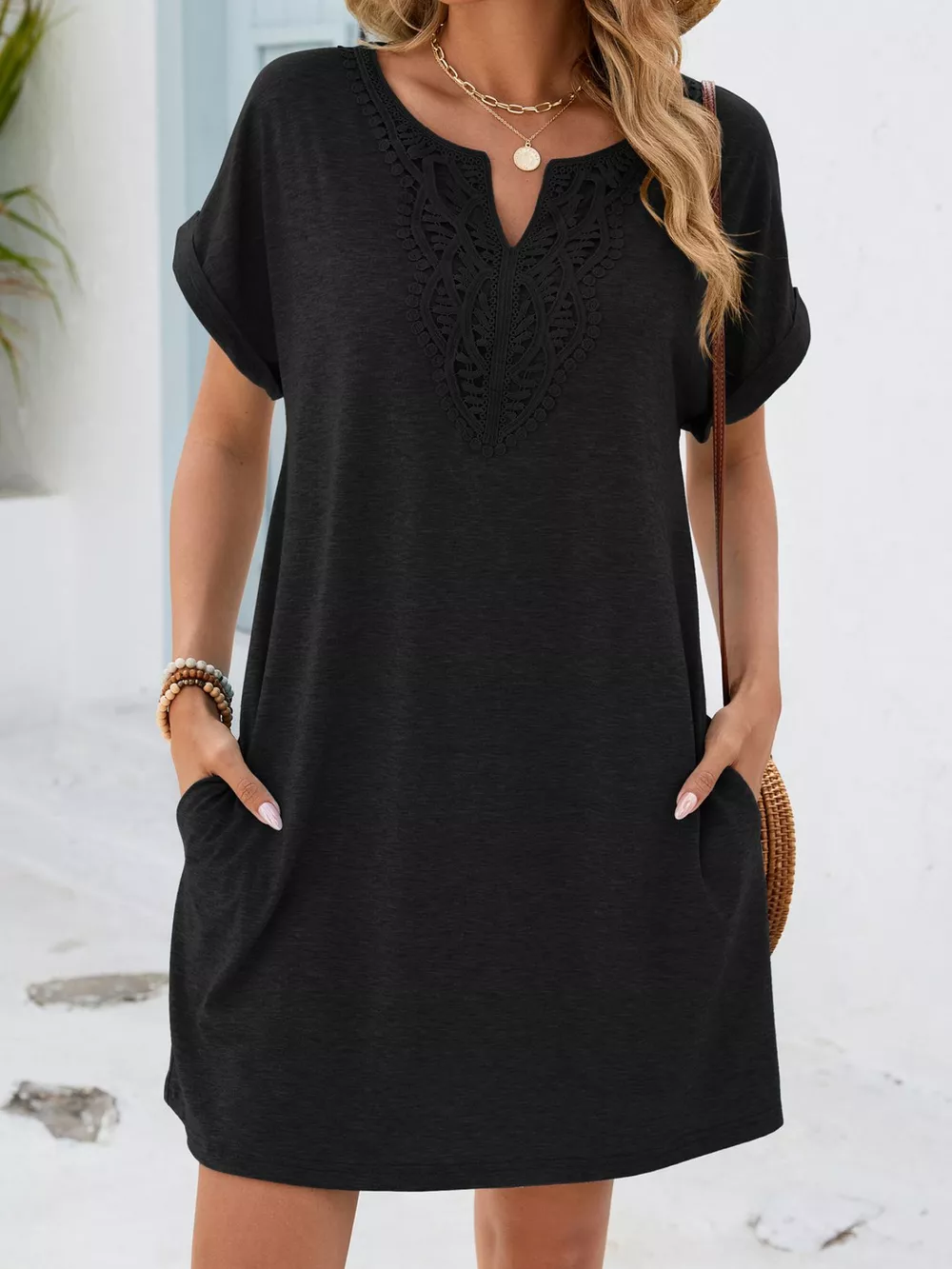 Lace Trim Notched Short Sleeve Dress