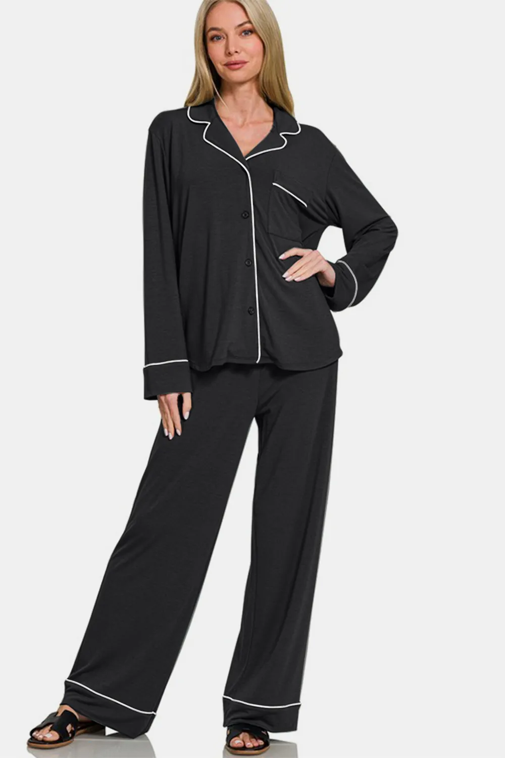 Button Down Long Sleeve Top and Pants Lounge Set, image 2