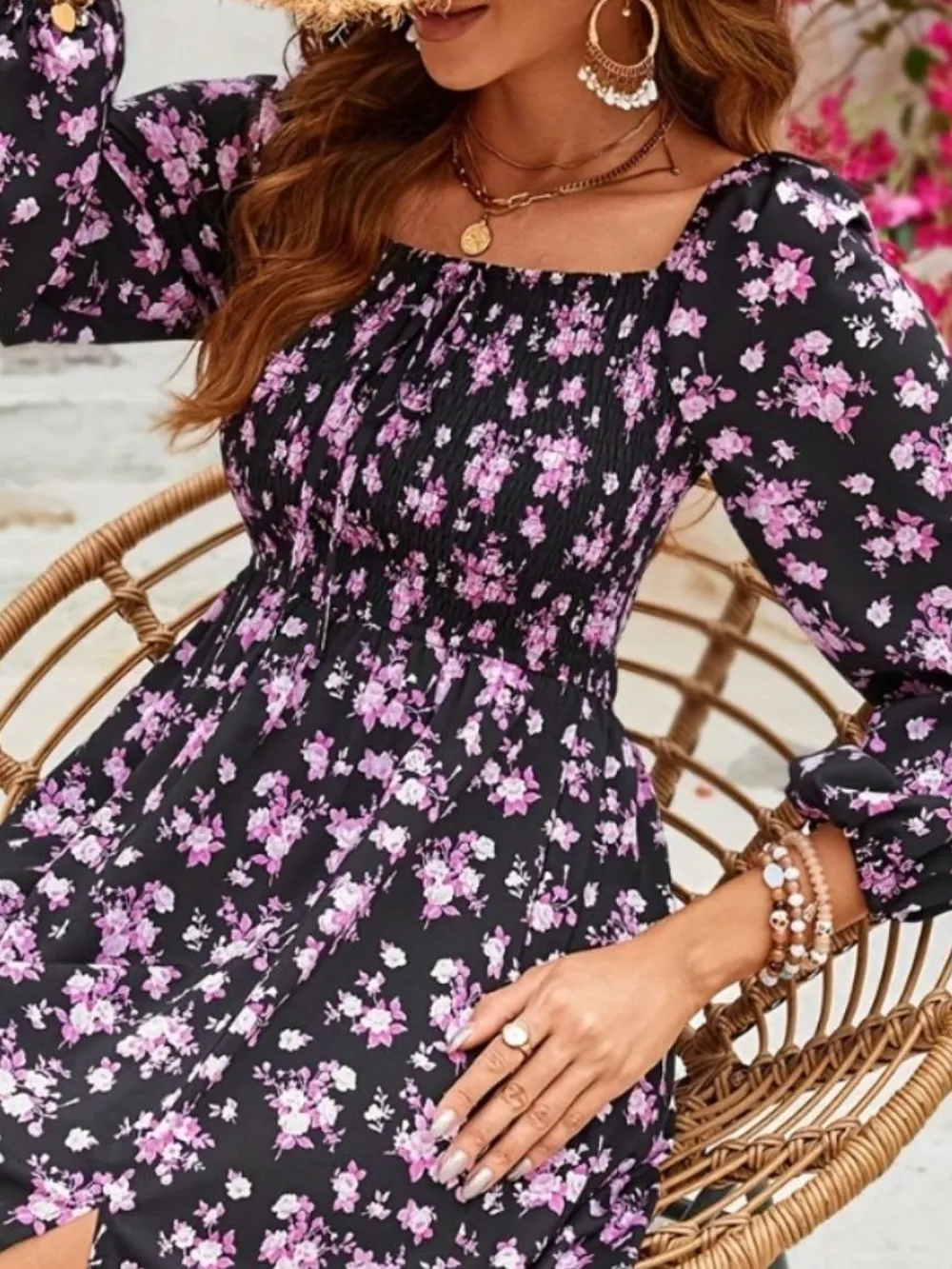 Slit Smocked Floral Square Neck Balloon Sleeve Midi Dress, image 3