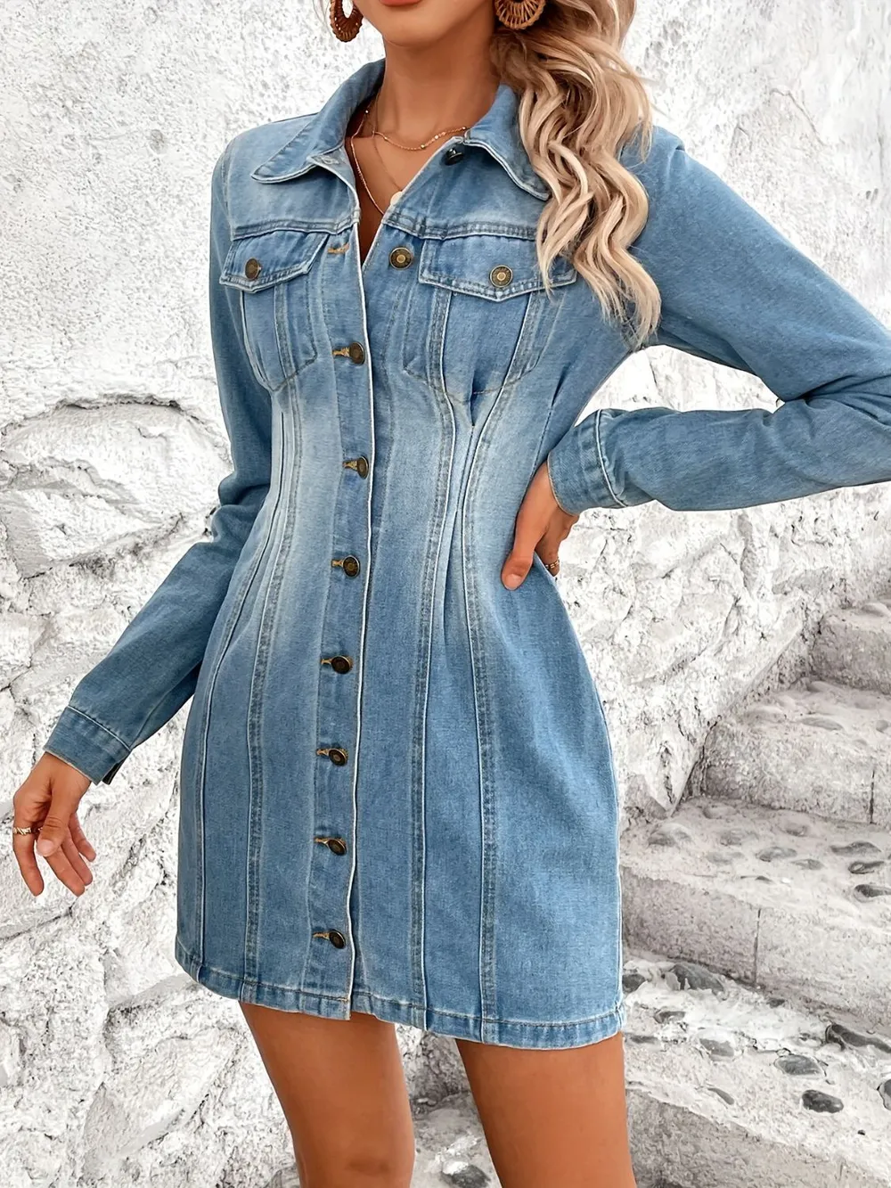 Pocketed Button Up Long Sleeve Denim Dress, image 4