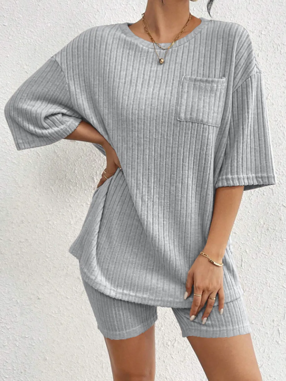 Ribbed Round Neck Top and Shorts Set, image 27