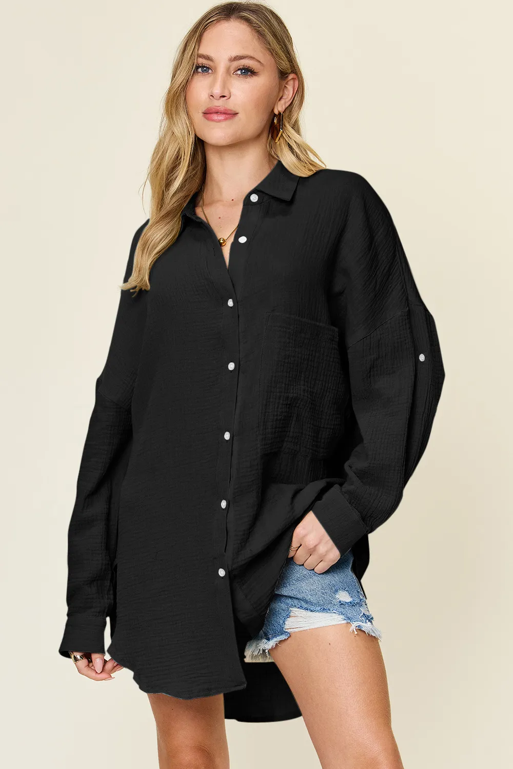 Full Size Pocketed Texture Button Up Shirt, image 14