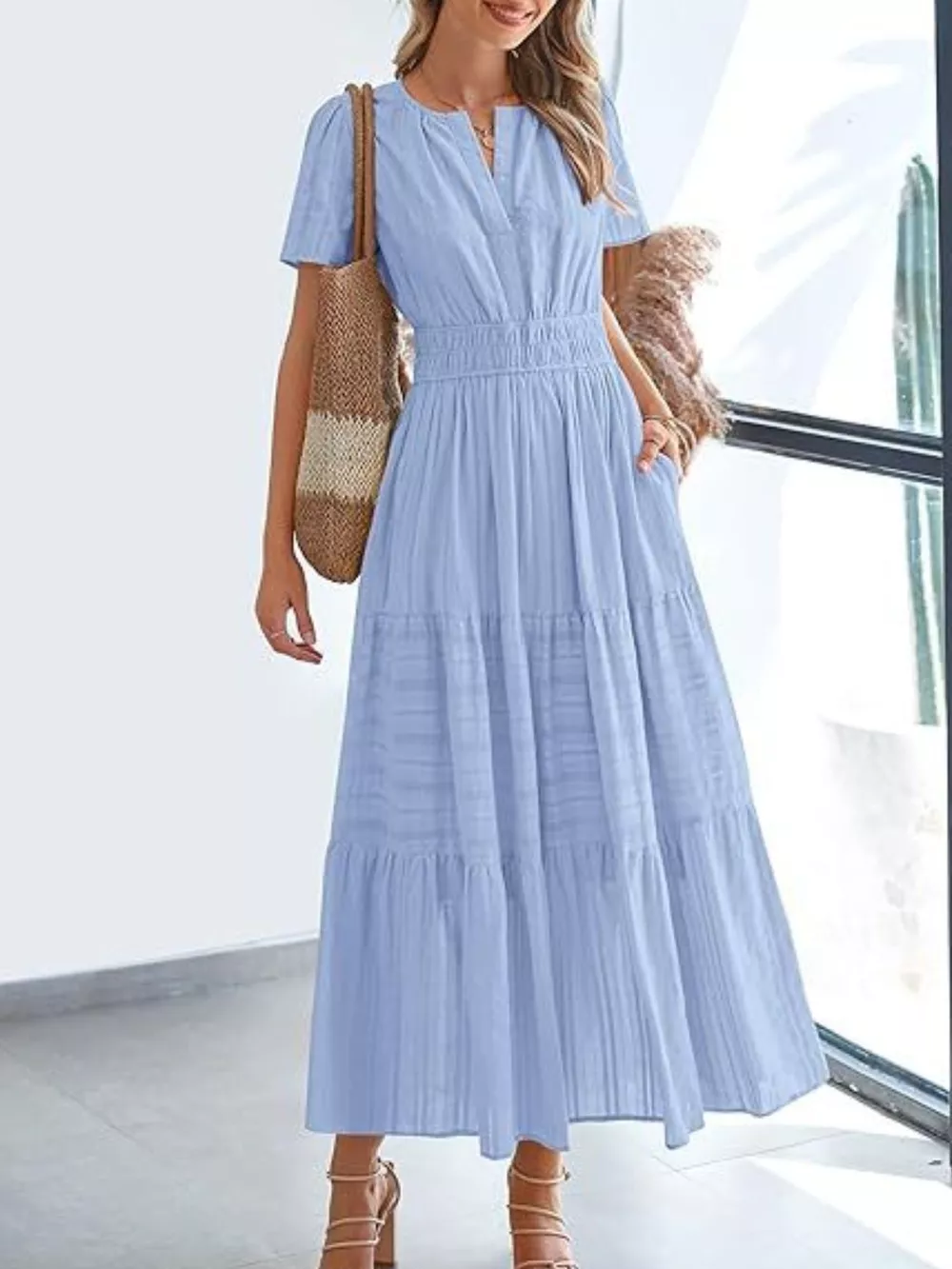 Full Size Short Sleeve Tiered Midi Dress Plus Size, image 23